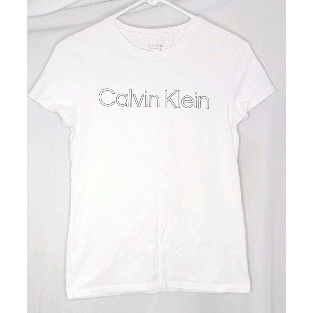 Calvin Klein Womens Small White Short Sleeve Tee Crew Neck Logo T-Shirt